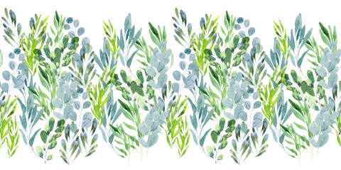 Watercolor seamless pattern with green spring plants with carved leaves