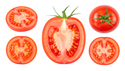 Whole tomato, half tomato cut lengthwise and tomato slices on transparent background