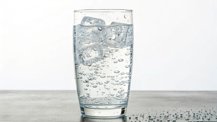 Bubbling sparkling water with melting ice in a clear glass, a picture of a cold and thirst-quenching beverage against a plain backdrop.