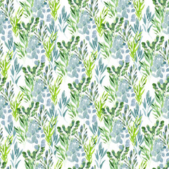 Watercolor seamless pattern with green spring plants with carved leaves