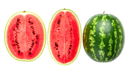 Whole watermelon, half watermelon and slice showing red flesh and black seeds on transparent background