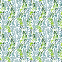 Watercolor seamless pattern with green spring plants with carved leaves
