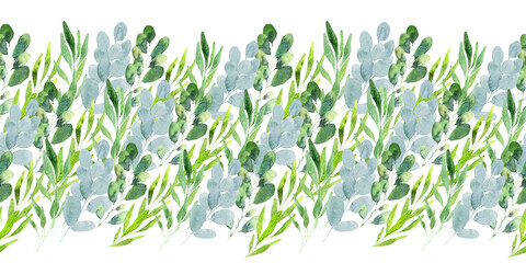 Watercolor seamless pattern with green spring plants with carved leaves