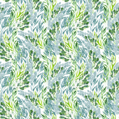 Watercolor seamless pattern with green spring plants with carved leaves