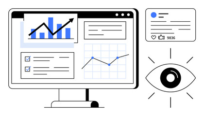 Graphs, charts, social media post, checklists on computer screen represent analytics, insights, and data tracking. Ideal for marketing, business strategy, content creation social media analytics