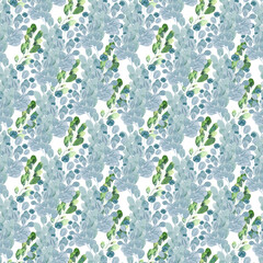 Watercolor seamless pattern with green spring plants with carved leaves