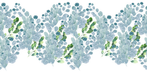 Watercolor seamless pattern with green spring plants with carved leaves