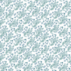 Watercolor seamless pattern with green spring plants with carved leaves