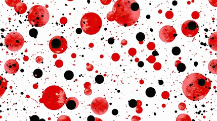 Abstract pattern featuring red and black circles on a white background.