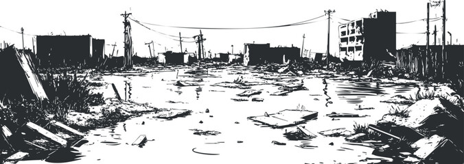 Obraz premium Black and white illustration of a desolate urban landscape with ruined buildings and scattered debris after destruction