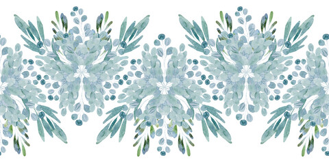 Watercolor seamless pattern with green spring plants with carved leaves