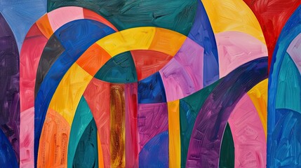A vibrant abstract painting featuring colorful arches and curved shapes.