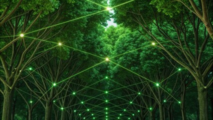 Enchanting forest pathway illuminated by green glowing st lights hanging between tall trees on a clear day