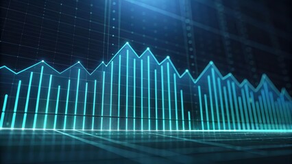 Futuristic digital financial graph with glowing blue line chart and data visualization on modern dark digital background representing analytics and technology trends