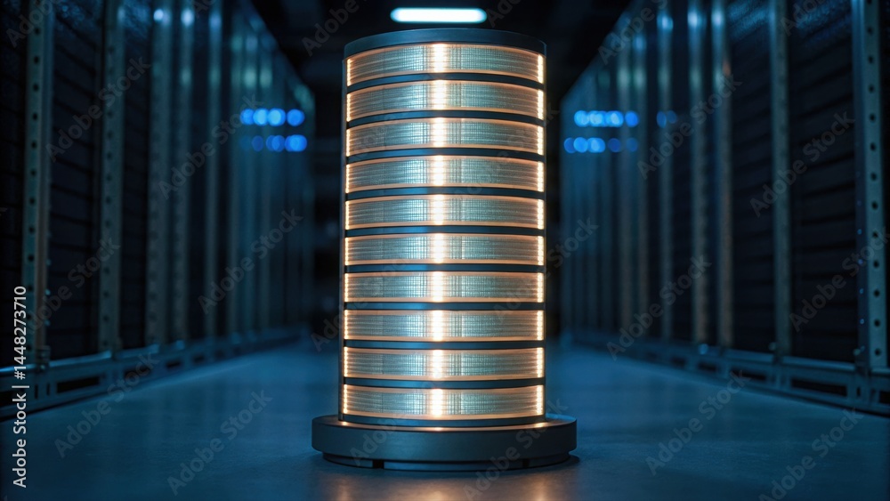 Poster advanced computer server rack in a modern data center with illuminated hardware and cool blue lighti