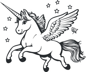 Black and white illustration of a winged unicorn flying surrounded by stars, fantasy magical creature