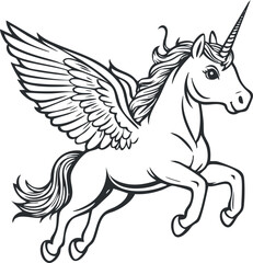 Black and white line drawing of a flying unicorn with wings in a fantasy style