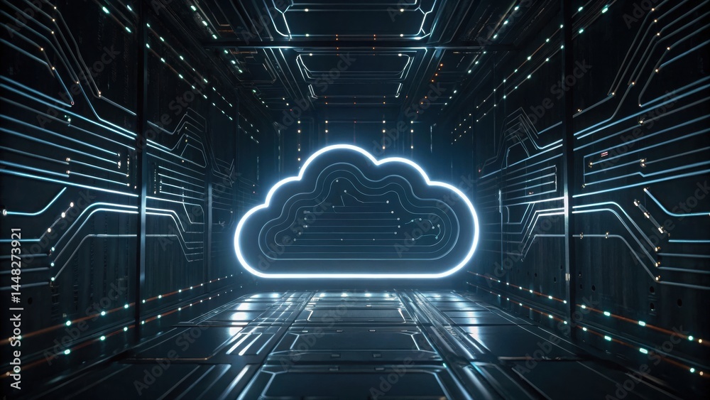 Poster futuristic digital cloud computing concept with glowing cloud icon in a high-tech data center with c