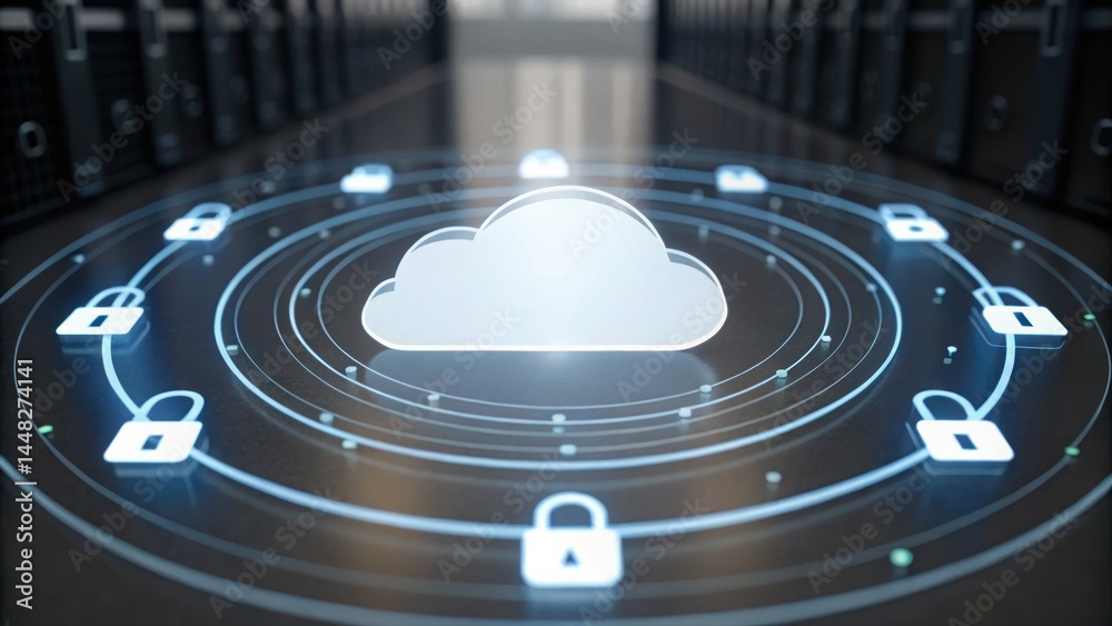Poster high tech cloud computing network security concept with digital lock icons and data storage in a fut