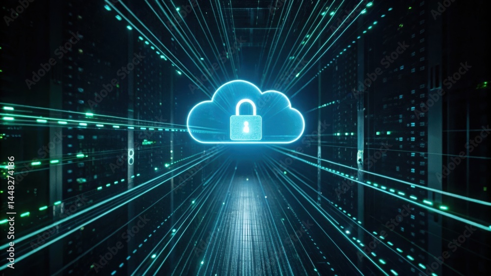 Poster digital cloud computing security concept with lock icon in a futuristic cyber environment representi