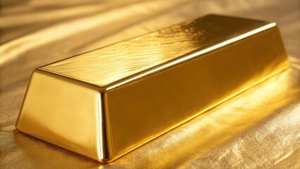 Close-up of a shiny gold ingot with smooth reflective surface placed on textured fabric background showcasing wealth and luxury