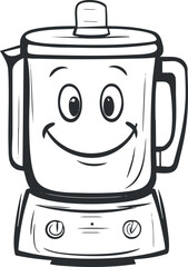 Black and white cartoon illustration of a smiling blender with eyes and a happy expression
