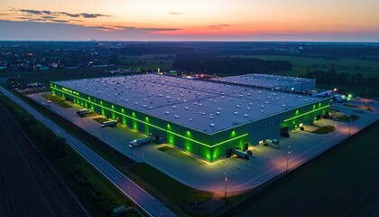 Aerial View Of Modern Illuminated Warehouse Complex At Dusk