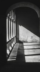 Fototapeta premium Intriguing archway, sunlight casts dramatic shadows on ancient hallway
