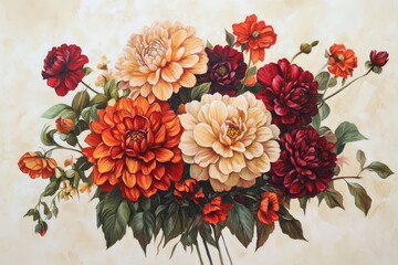 A detailed floral still life painting of vibrant dahlia blossoms.