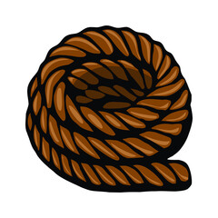 A vector coiled brown rope with a textured surface, showcasing its twisted strands. The rope is circular and appears sturdy, suitable for various uses.
