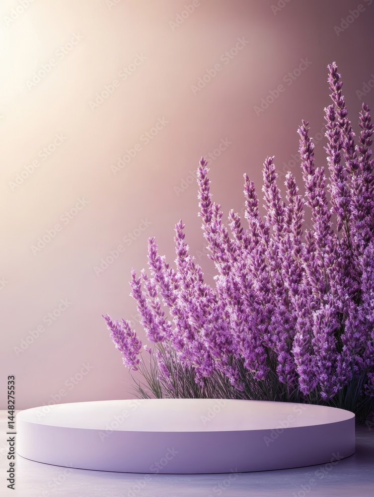 Aufkleber lavender bloom display with round platform for product showcase and cosmetic presentation