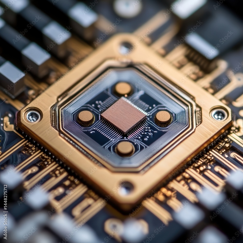Aufkleber Detailed Macro Shot of a Modern Computer Processor on a Circuit Board with Gold Accents