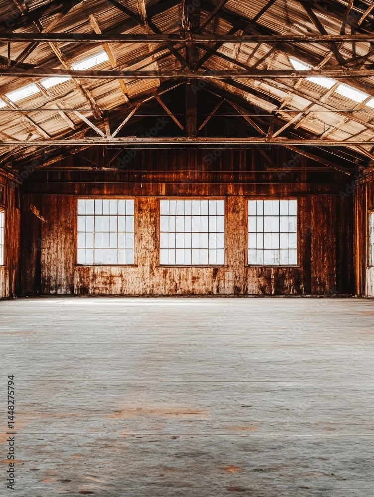 Poster interior of an abandoned warehouse with three windows and a rustic wooden roof structure