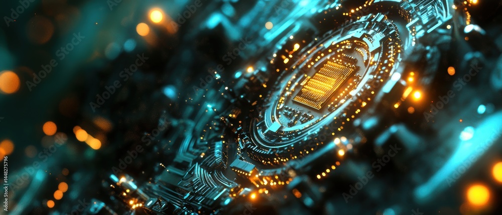 Poster Futuristic Microchip Design with Glowing Elements for Technology and Innovation Concepts