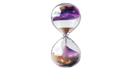 An ethereal hourglass filled with a cosmic scene. showcasing swirling galaxies and stars. set against a transparent background. symbolizing the passage of time and the universes mysteries