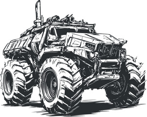 Black and white sketch of a powerful offroad monster truck with large tires for rough terrain driving © vadymstock