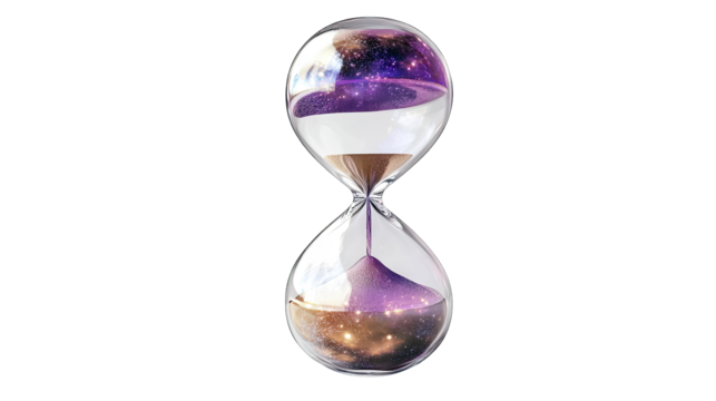 An ethereal hourglass filled with a cosmic scene. showcasing swirling galaxies and stars. set against a transparent background. symbolizing the passage of time and the universes mysteries - Powered by Adobe