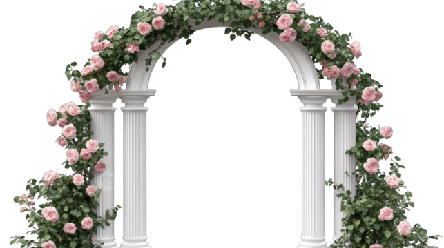 A beautifully decorated wedding arch adorned with lush greenery and delicate pink roses. set against a serene background. perfect for romantic ceremonies and outdoor celebrations