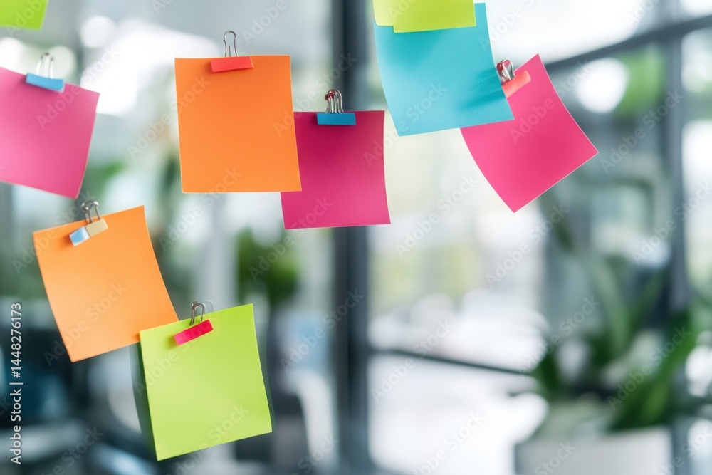 Poster colorful sticky notes attached to glass wall in office with binder clips for brainstorming session