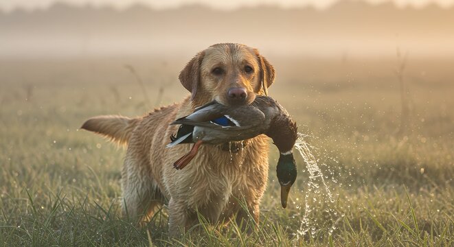 Dog holding duck in field at sunrise