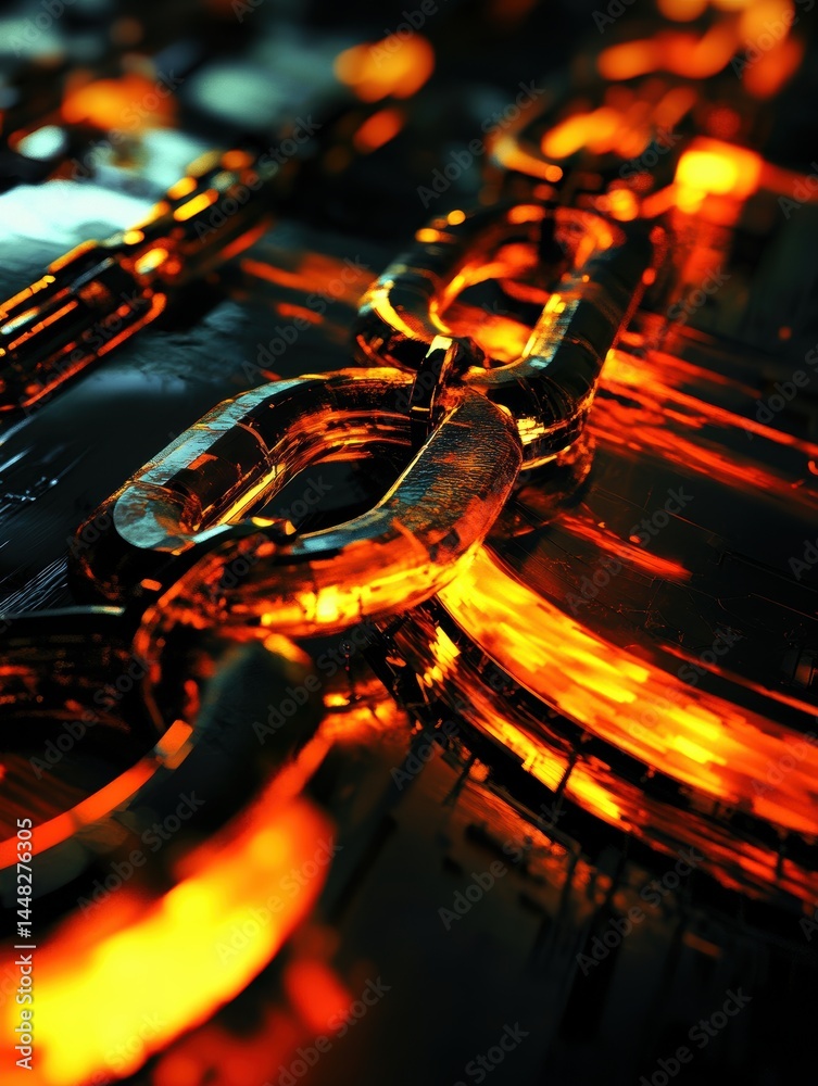 Poster strong interlocking metal chain links reflecting fiery light on a dark surface