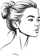 Black and white sketch of a young woman's side profile with hair in a bun, minimalistic and elegant style