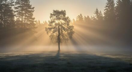 Fototapeta premium Golden Sunrise Through Foggy Forest Magical Sunlight Beams Nature Serenity Landscape Photography Scenic View Atmospheric