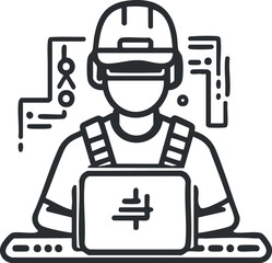 Line art illustration of an engineer or construction worker wearing a helmet working on a laptop with technical blueprints