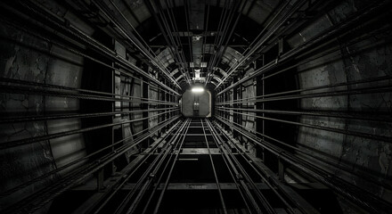 Dark elevator shaft with metal cables and light at the end conveying mystery and industrial aesthetic