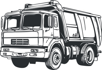 Black and white vector illustration of a dump truck used for construction and heavy load transport