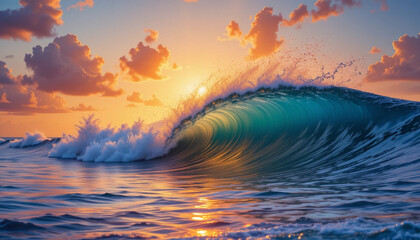 Fototapeta premium Colorful ocean wave forming a dramatic crest with vibrant sea water reflecting the golden sunset