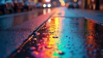 Urban reflections vibrant city lights mirroring in rainy street pavement scene