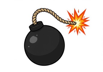 A cartoon bomb with a lit fuse and a black round body on white space