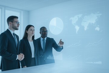 Business Visionaries in the Digital Realm: Three colleagues stand before an advanced digital interface displaying global data